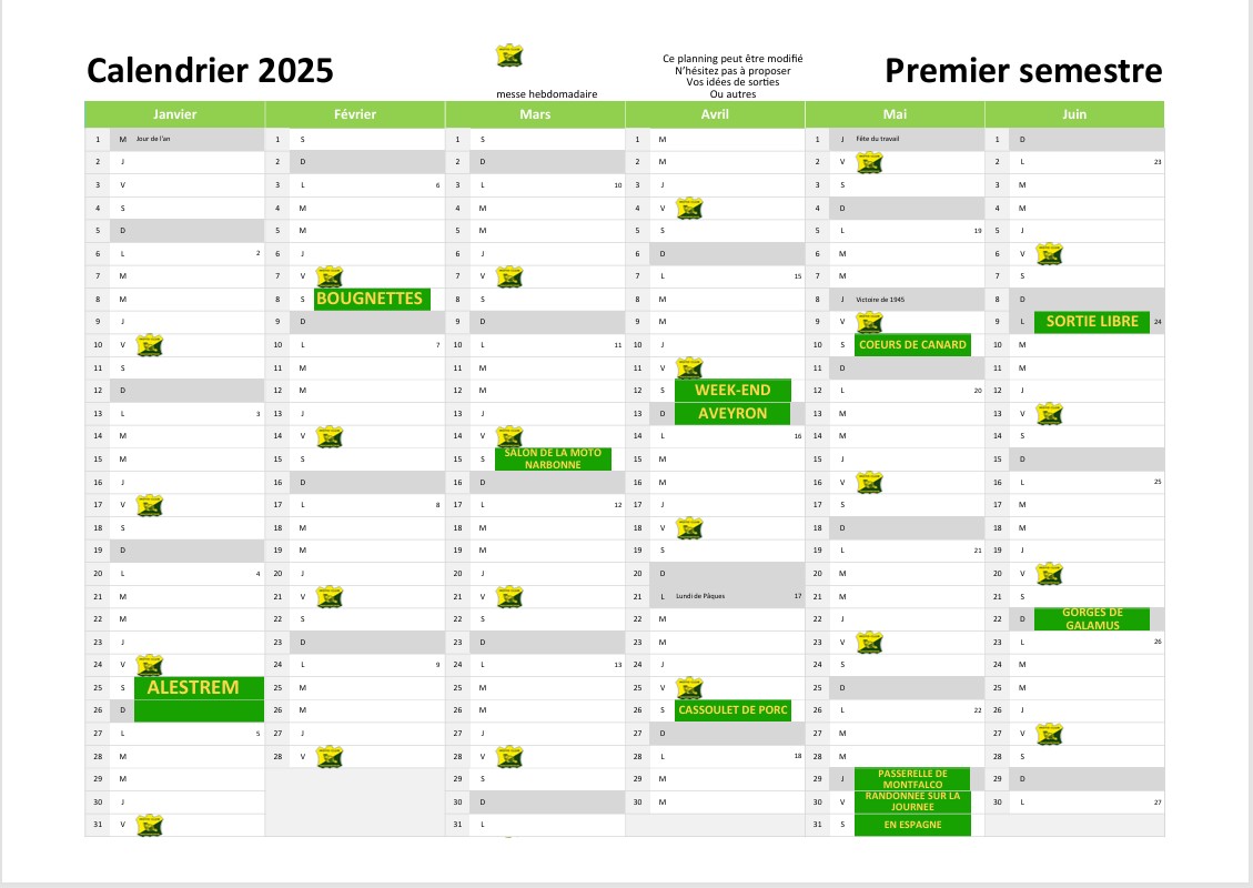 calendrier 1er semestre 2025