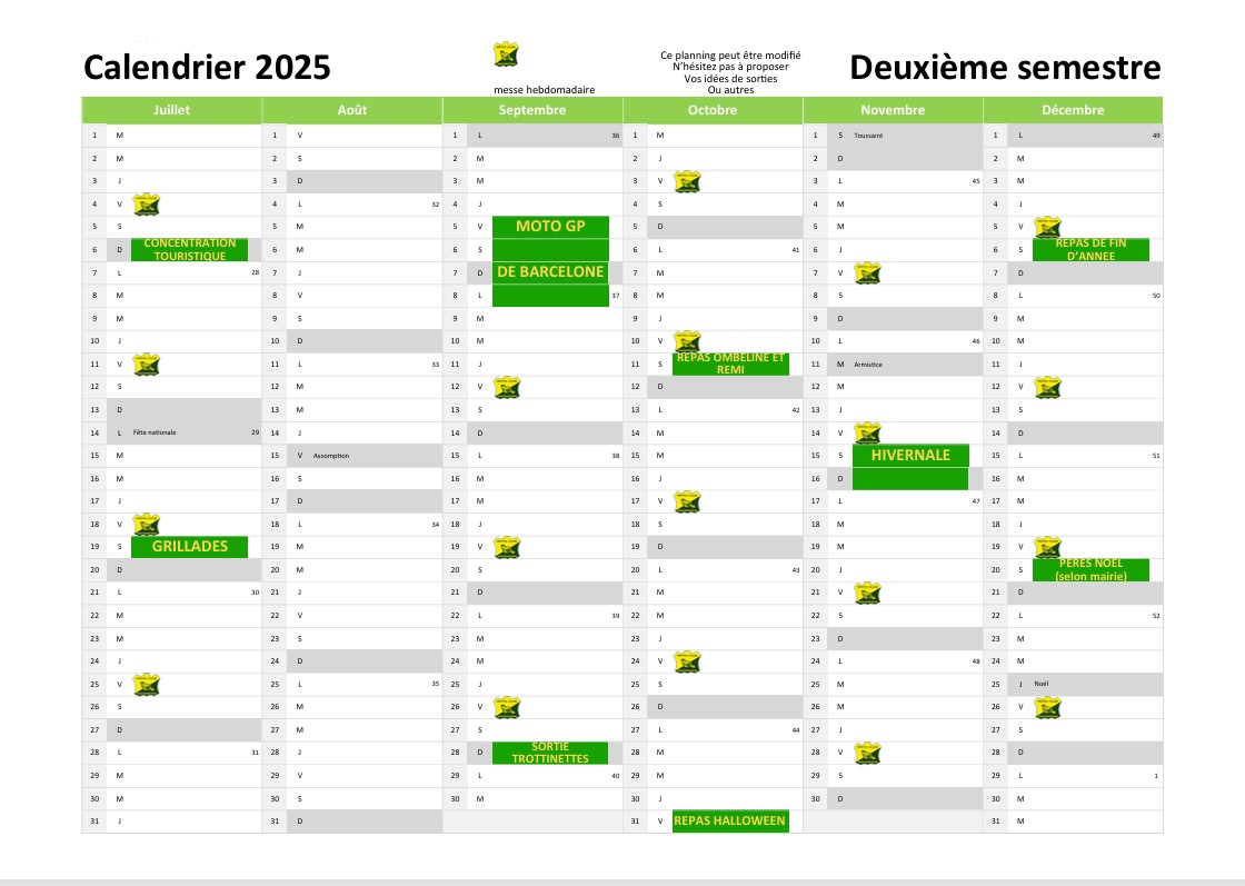 calendrier 2eme semestre 2025